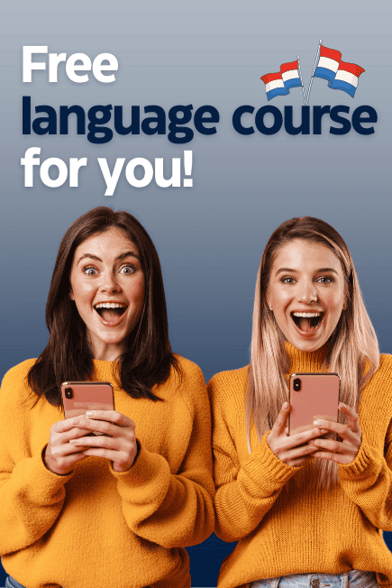 Two excited women with smartphones in their hands. Information about the free language course